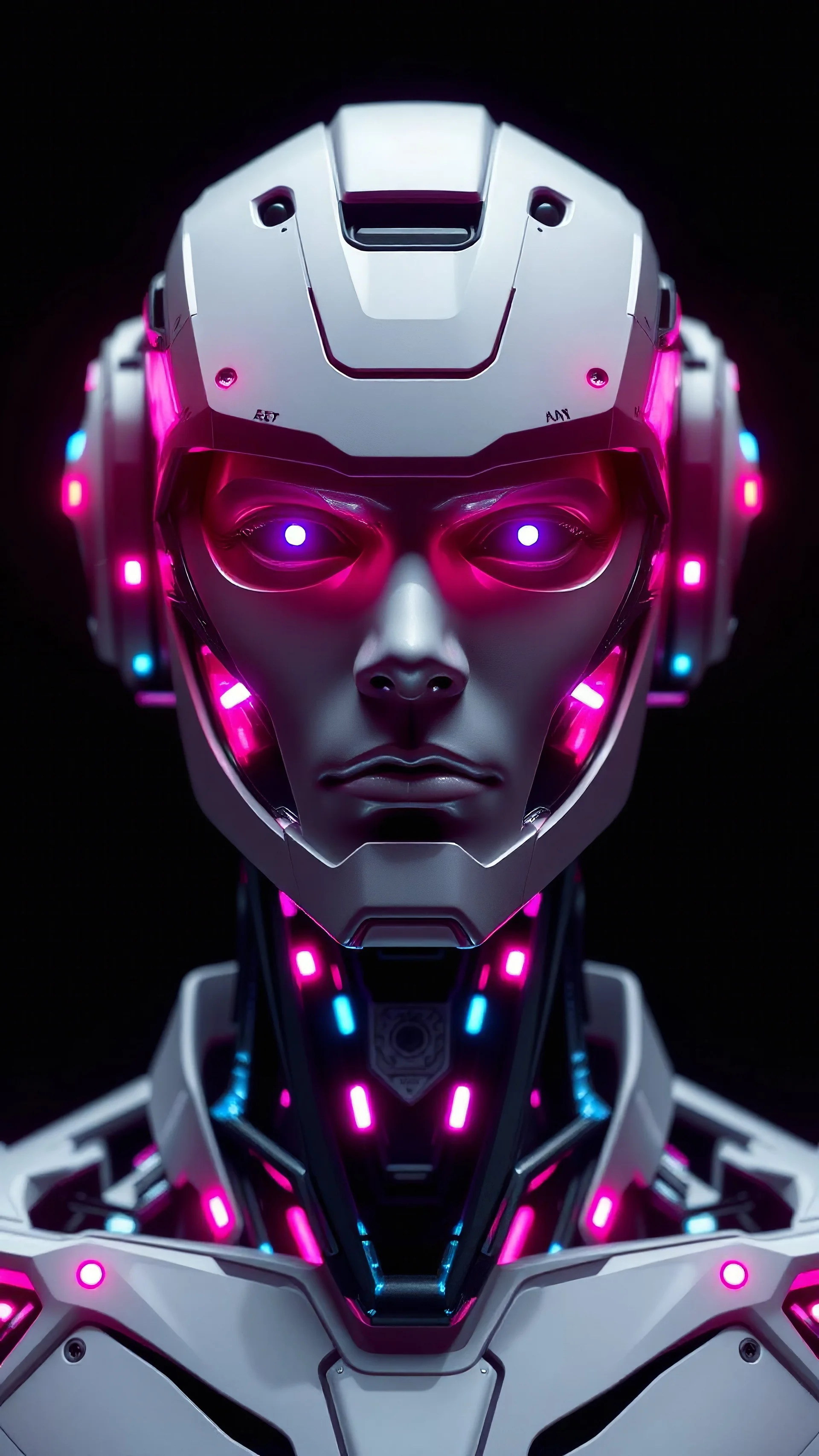 busto y rostro frontal masculino robot en alta definicion y en estilo realista futurista transformandose en humano, colores de luces magentas y cian