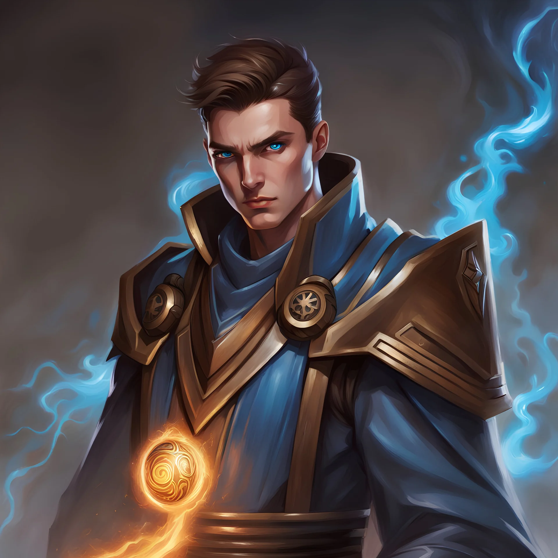 Young male Psyker, glowing veins, blue eyes, swirling with energy, powerful, technology, no helmet, robes, 19 year old, short brown hair, scrawny, portrait, warhammer 40k, veiny face