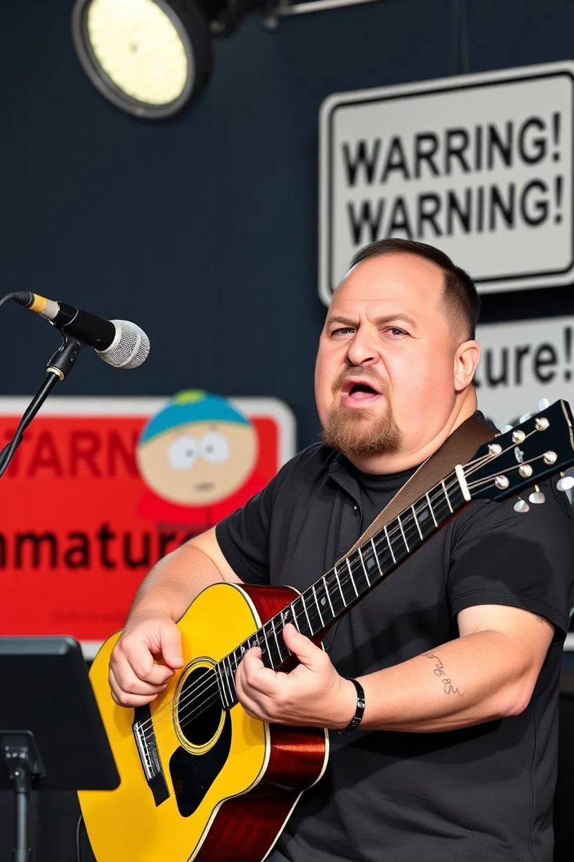 a very immature adult man playing music, cartman south park, sign in background that says "Warning!" "immature"