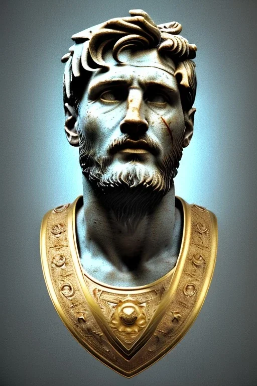 Ultra Realistic image, Roman sculpture, white marble material, Lionel Messi, gold Laurel leaves wreath, renaissance ornaments, radial gold lines, one gold star in heart, sun ornament, blue background, chisel style, waist up portrait, emperor style, epic, celestial, cinematic lighting, God light, god rays, 4k resolution, smooth details, ornate details, soft lighting, unreal engine 5, art station, substance 3d.