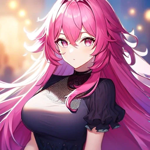 girl, masterpiece, best quality, volumetric lighting, detailed outfit, perfect eyes, dark pink hair, pink eyes, messy hair, long hair,