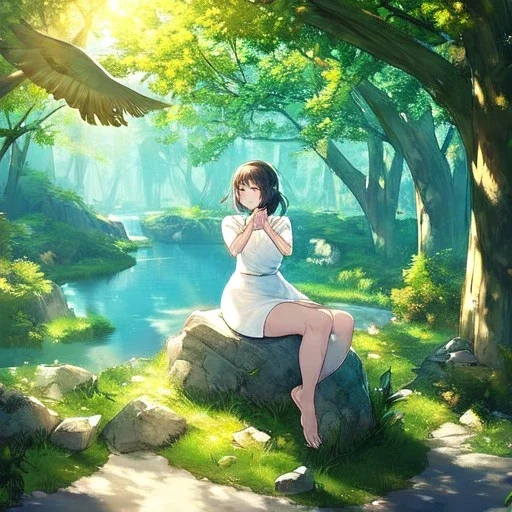 anime girl meditating pose, rock trees, birds, creek, very gorgeous anime girl dressed in white dress, very detailed, trees, birds flying, green trees, creek meditation pose, sitting on a rock, with rays of sun peaking through the trees, very detailed on hands and facial features, sitting in yoga meditation.