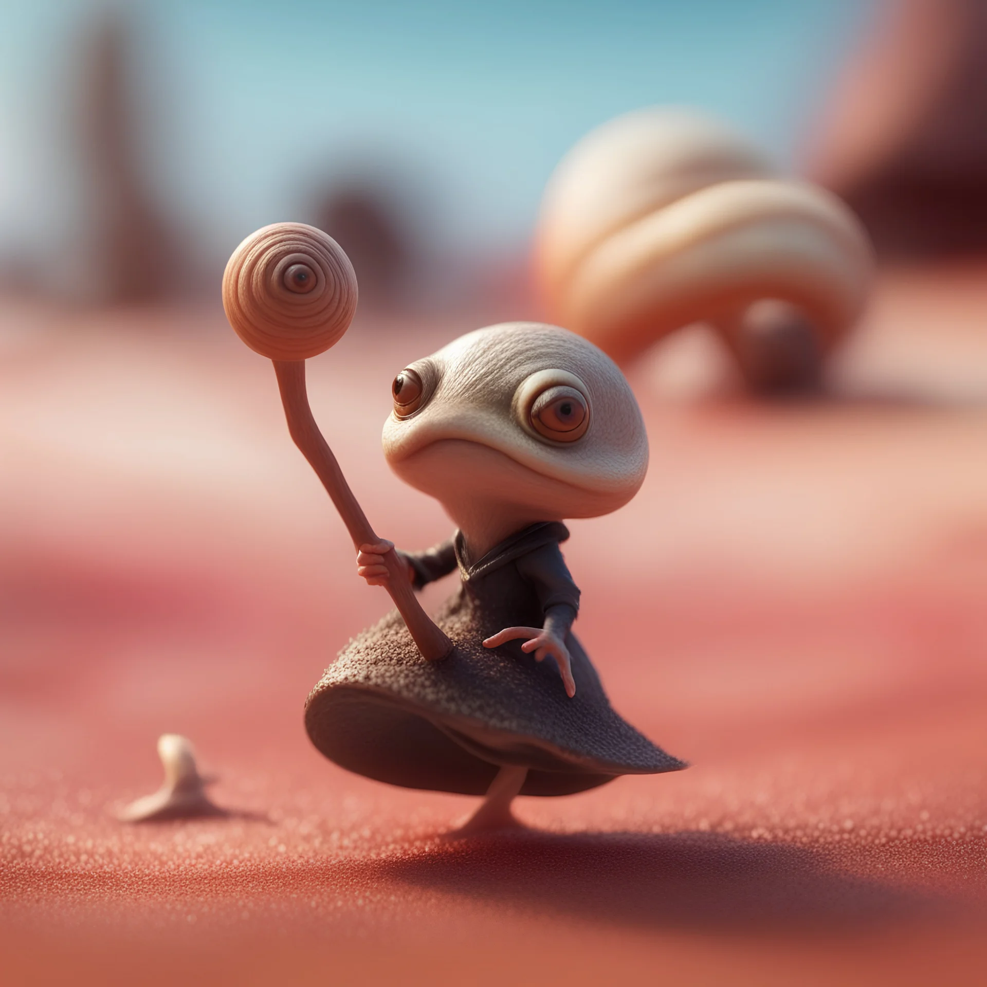 elongated gremlin flying broomstick female snail witch on a red sand beach ,bokeh like f/0.8, tilt-shift lens 8k, high detail, smooth render, down-light, unreal engine