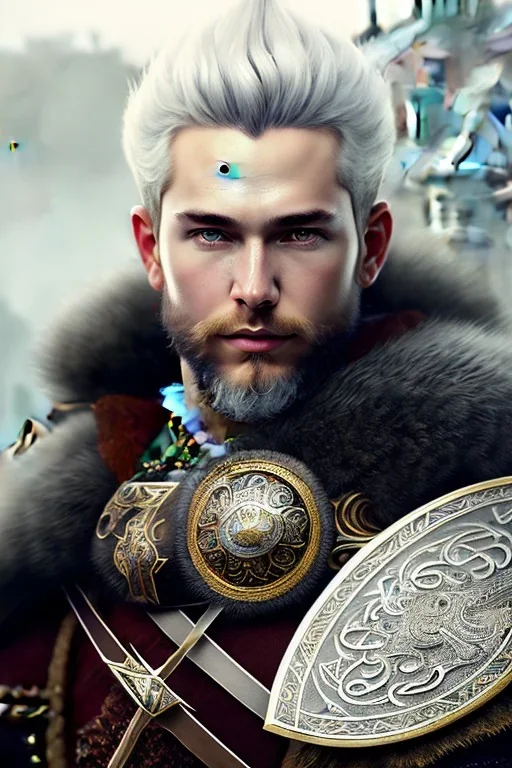 Detailed young viking king, white hair, black leather armor, intricate details, full body portrait, keep head in frame, black Japanese motif, concept art, highly detailed, digital painting, concept art, sharp focus, illustration, art by Yoji Shinkawa, WLOP and greg rutkowski and alphonse mucha and artgerm and yanjun Chen and Junji ito and Makoto Shinkai, HDR, octane render