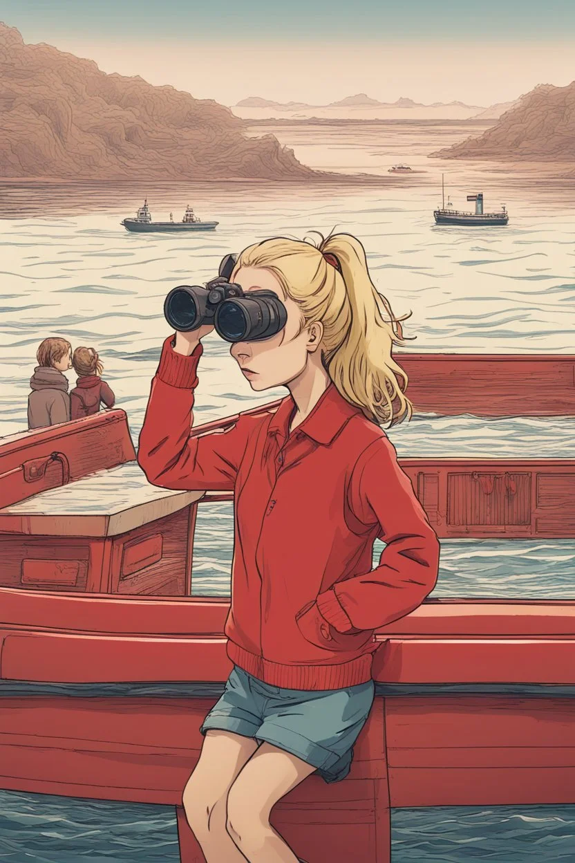 23 years old girl, with blond hair and a messy bun. standing on in a red boat, wearing red clothes and looking trough binoculars watching something in the middle of the sea. You see the whole boat. You see the gril in front. It's a ferry. Wes anderson style. In front. Sarcastic