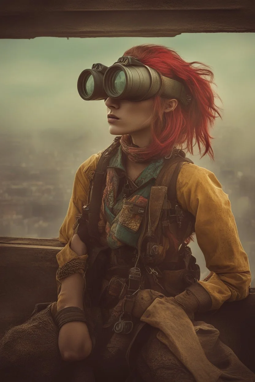 [Techno-Industrial ambiance] Scanning the misty panorama through her binoculars, Jess spied a flash of impossible color emerging in the distance. As the haze parted, a lone figure came into focus amidst the mutant sprawl, instantly drawing the eye across the hellish tapestry. Even from this removed vantage, the riotous tones of Tank Girl's patchwork garb made her stand out like a technicolor beacon. Pink and teal locks streamed behind her as she guided her vehicle deftly through the alien terrai