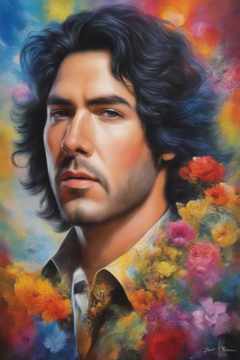 a man's face is the face of a clock, Paul Stanley/Elvis Presley/Keanu Reeves/Jon Bernthal, multicolored, large, Floral/rainbow designs, atmospheric, beautiful, oil painting by Boris Vallejo, 4k UHD, Photorealistic, professional quality