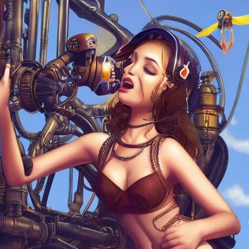 great illustrator, spanish, realistic rendering of a spanish cute girl kissing herself, beautiful, steampunk style. Helmet with tubes. Machinery in the background. robotic bird flying. High details. 4k. unreal engine, sunset