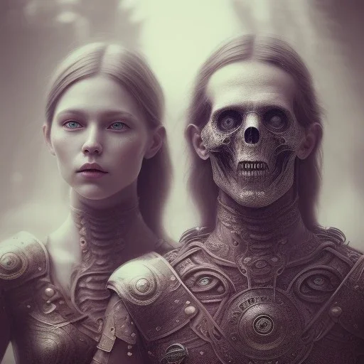 A viking boy and a girl, hr giger, scary, steam punk, realistic, made in octane, cinematic, ultra-realistic, extremely detailed octane rendering, 8K, VRAY Super Real ar 2:3, dof photorealistic futuristic 50mm lens hard lighting dark gray tintype photograph, realistic lighting, sepia color