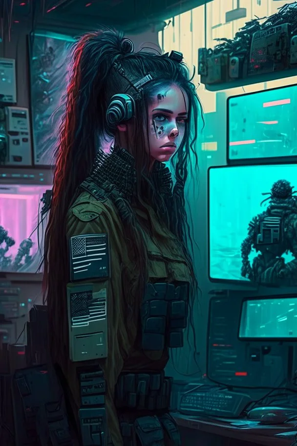 Cyberpunk girl in a room with five live video feeds from soldiers who she helps.