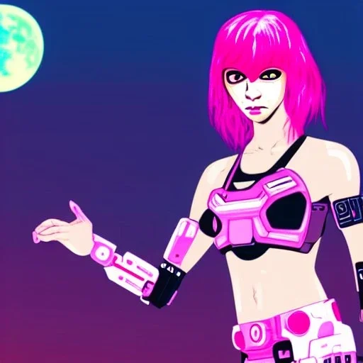 cyborg cute girl, pink hair, sexy, armed, under an alien moon, misty, high detail, cyberpunk style