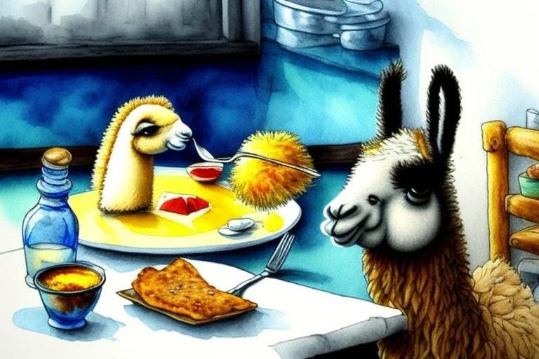 Cute llama is having breakfast. Aquarell