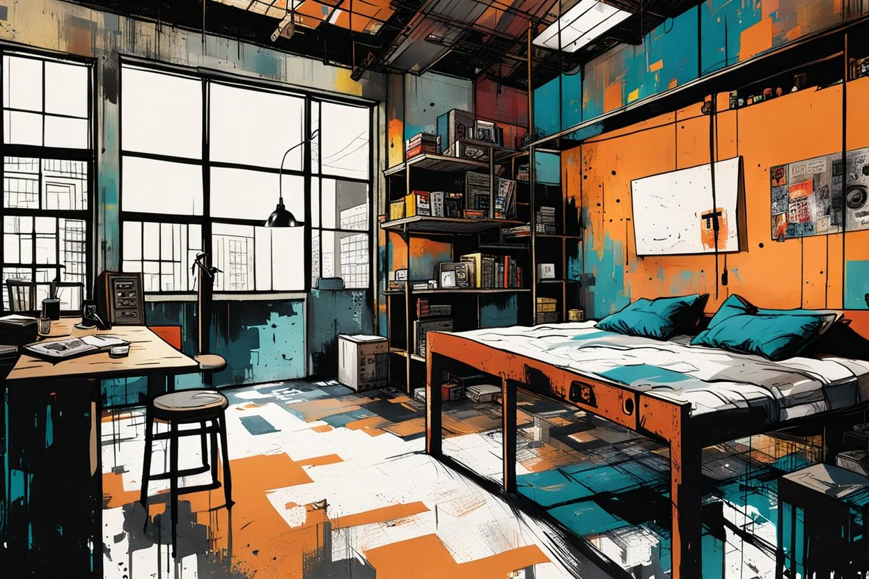 create a wildly abstract illustration of a highly detailed gritty and rusted industrial warehouse artist's loft apartment in style of Jean Michel Basquiat , and the comic book art style of Bill Sienkiewicz, finely textured, drawn, colored, and inked