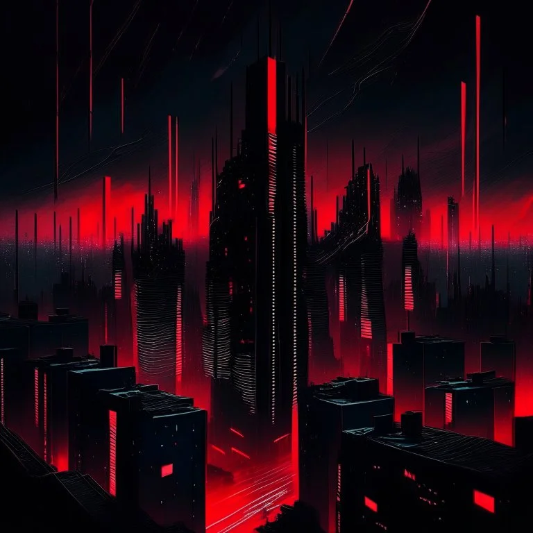 a large city with only tall deep black rectangular buildings with neon red outlines, a pitch black sky is above