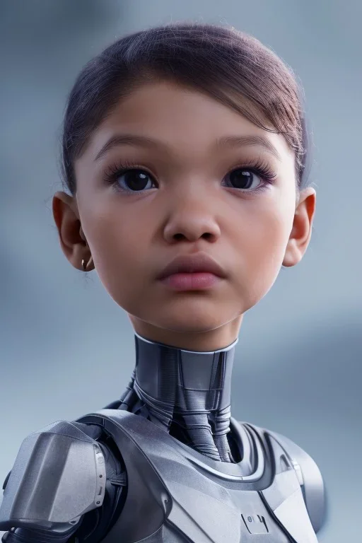 Zendaya toddler, robocop, full body, jump, bokeh, hyper realistic