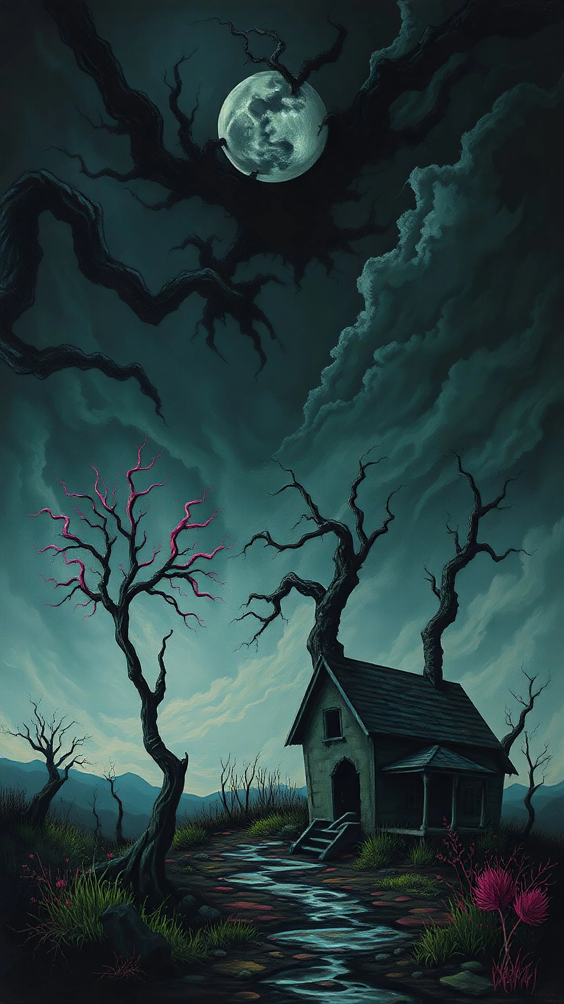 A surrealistic painting of a dark, sepasang petualang pria dan wanita, twisted world that embodies the eerie and unsettling aspects of Weirdcore culture. The painting is dominated by a dark, ominous sky, with a few twisted trees and a decrepit house in the background. The colors are muted and dark, with a few pops of neon green and pink that add to the overall unsettling mood of the painting.