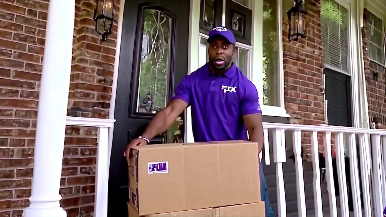 Tyrone suspiciously takes fedex delivery from porch