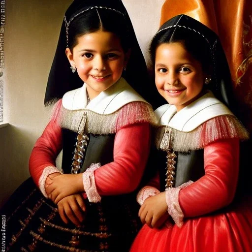 portrait of sisters Eira Santiago Arnau 10 year old and Dalia Santiago Arnau 6 year old by Velazquez,smiling, oil on canvas, cinematic composition, extreme detail,8k,fit full head inside picture,