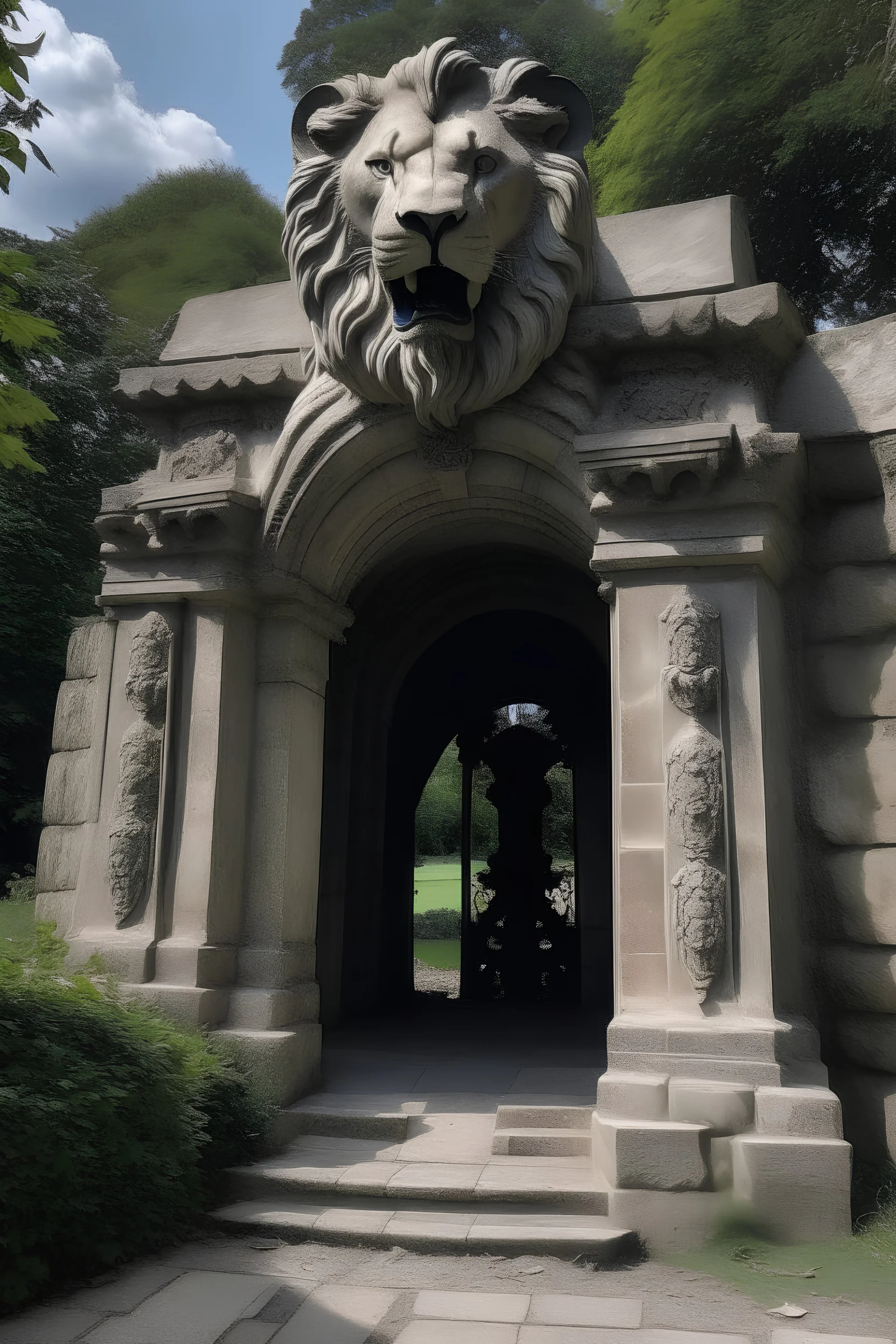 The odyssey, the Dark passage, lion statue next to the stone gate