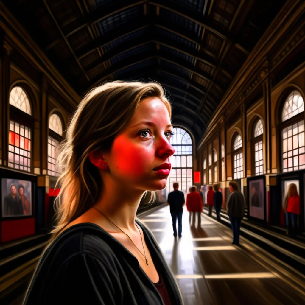 "lene som broderer" in big train hall, 8k, downlight, soft light, depth of field, photorealism, trending on art station, lotsa detail