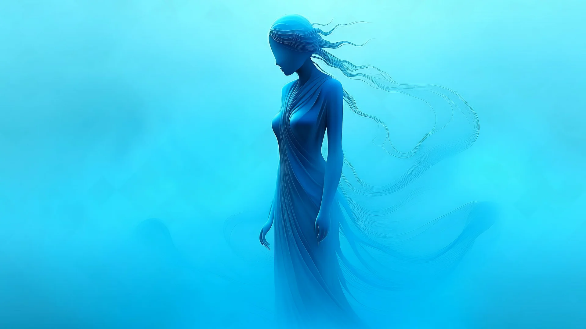 wispy ambiguous ominous figure in the misty blue haze, wallpaper background