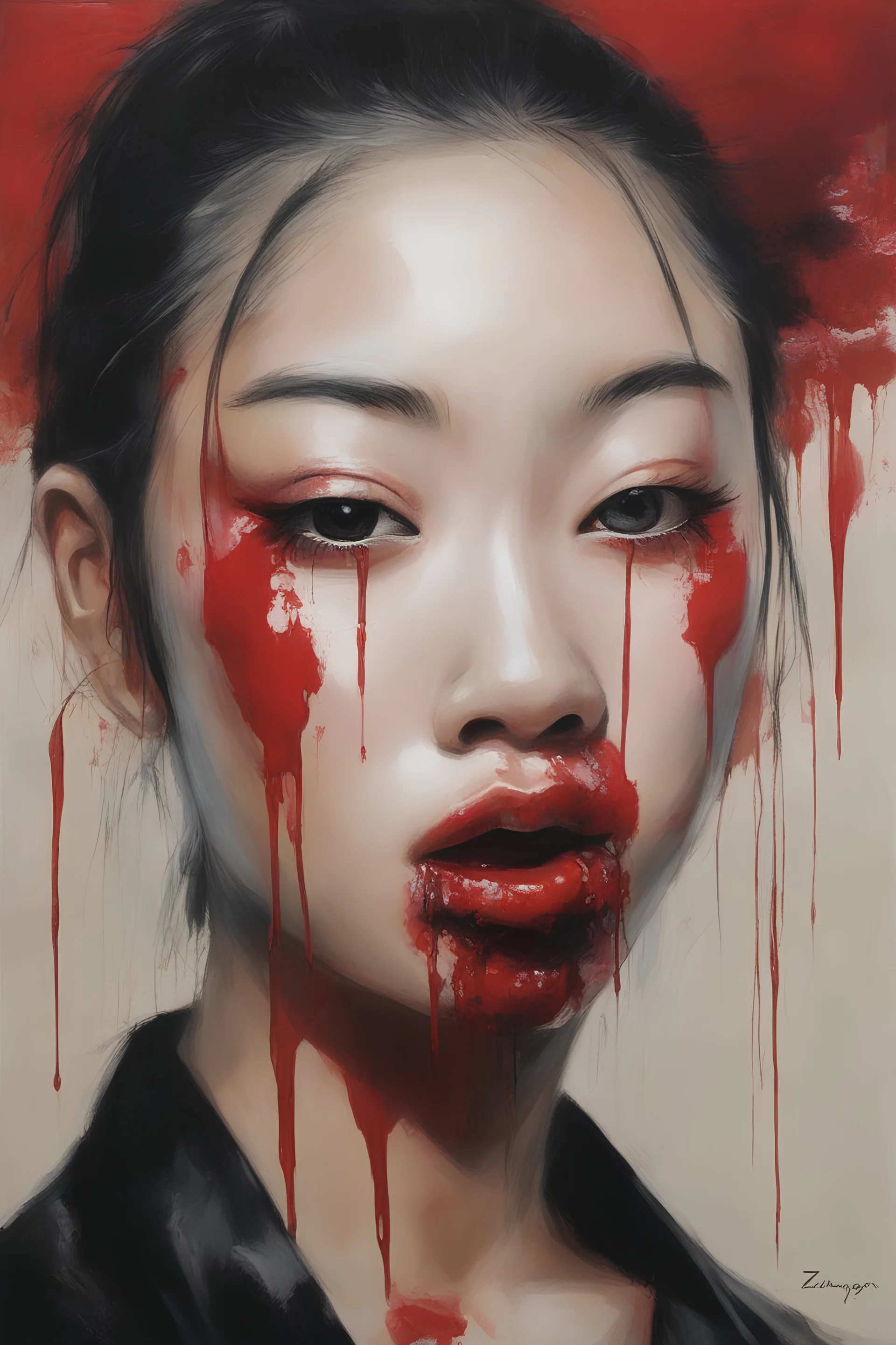 a mixture of ChineseJapaneseKoreanFilipinoThai, prostitute with a black eye and a fat lip and blood dripping from her mouth, oil painting by Zushia Zalarngo