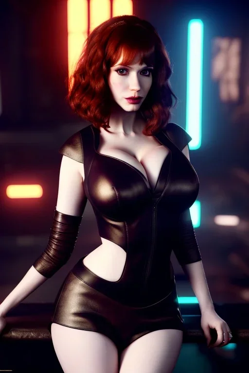 Christina Hendricks dressed in black leather gown, cyberpunk, busty, cleavage, volumetric lighting, particales,highly detailed,cinematic, deep colours,8