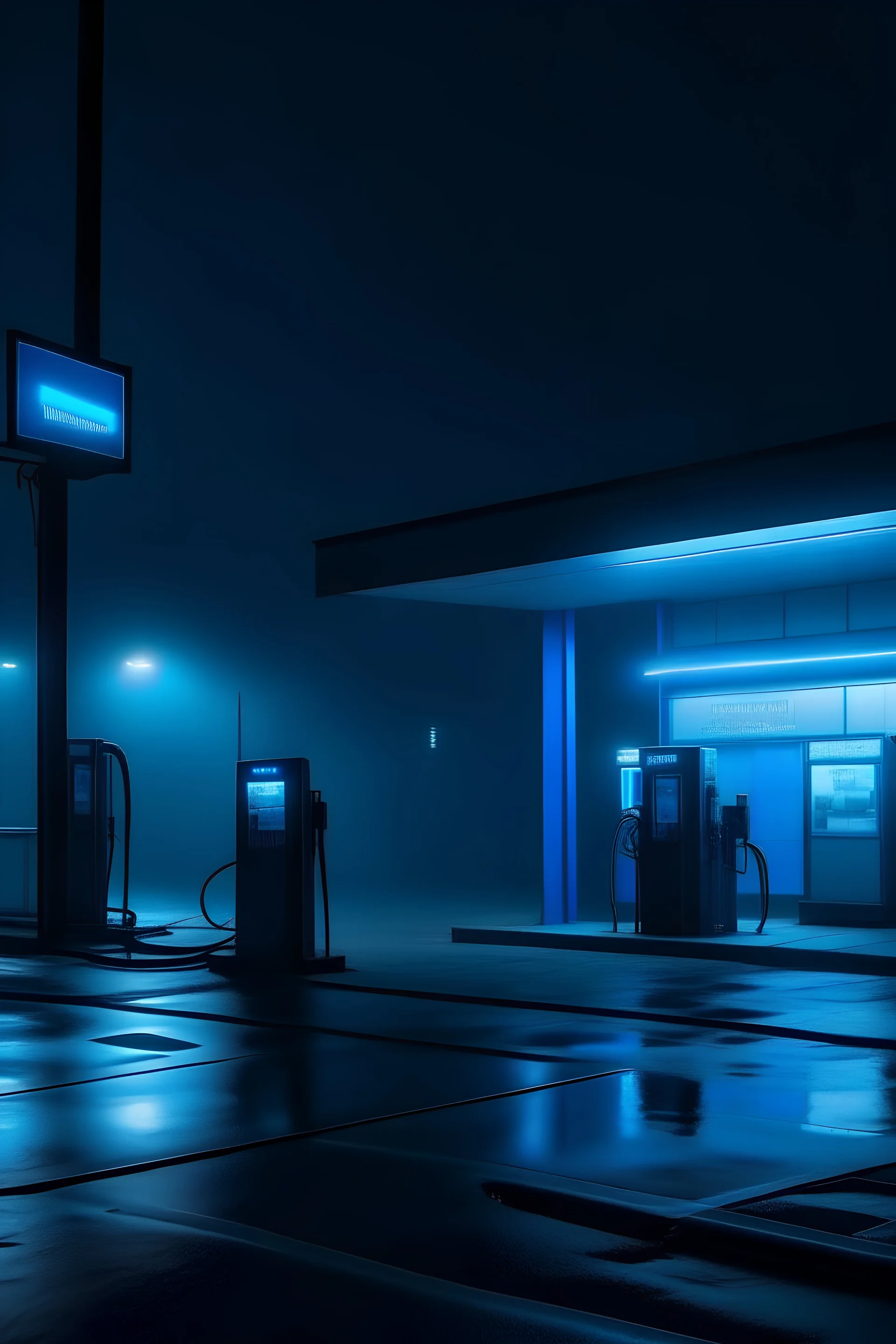 Dimly lit misty gas station with blue neon lights HD taken from afar at night