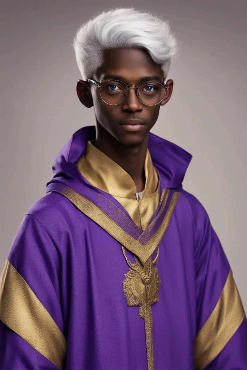 young boy of sixteen years old, dark skin, blue eyes, straight snow white hair, with round glasses, dressed in a purple and gold tunic