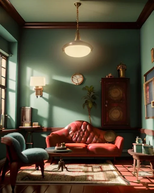 Room scene with retro hair monster, Wes Anderson style, realistic photo, concept art, smooth, unreal engine 5, god lights, ray tracing, RTX, lumen lighting, ultra detail, volumetric lighting, 3d.