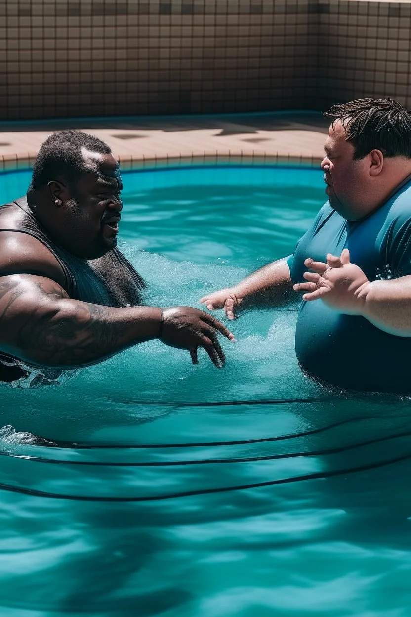 two obese black men fighting in a swimming pool