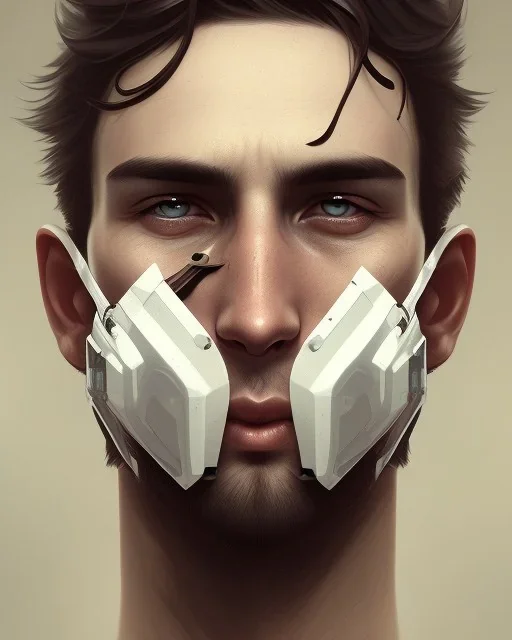 male, boy, cute, young, brown hair, brown eyes, black mask covering mouth, head and shoulders portrait,head and shoulders portrait, 8k resolution concept art portrait by Greg Rutkowski,