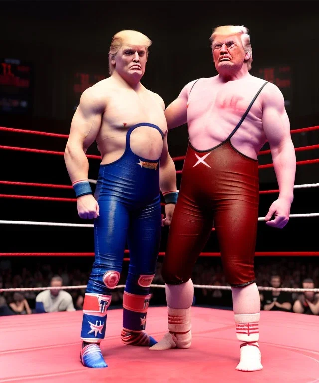 Wrestler Donald trump, wrestling, American shot, sweat, blood, red breeches, suspenders, retro style, 80s, hot ambient, photo studio, vibrant color, gradient, highly detailed, art stations, concept art, smooth, unreal engine 5, god rays, ray tracing, RTX, lumen lighting, ultra detail, volumetric lighting, 3d, finely drawn, high definition, high resolution.