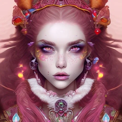 Fire witch, sweet looking, intimidating beauty, young, round face, pale skin, freckles, wild curly pink hair, red eyes, wearing a pink witch hat, wearing a glowing pink and red crystal necklace, pink and red eyeshadow, glossy pink lips