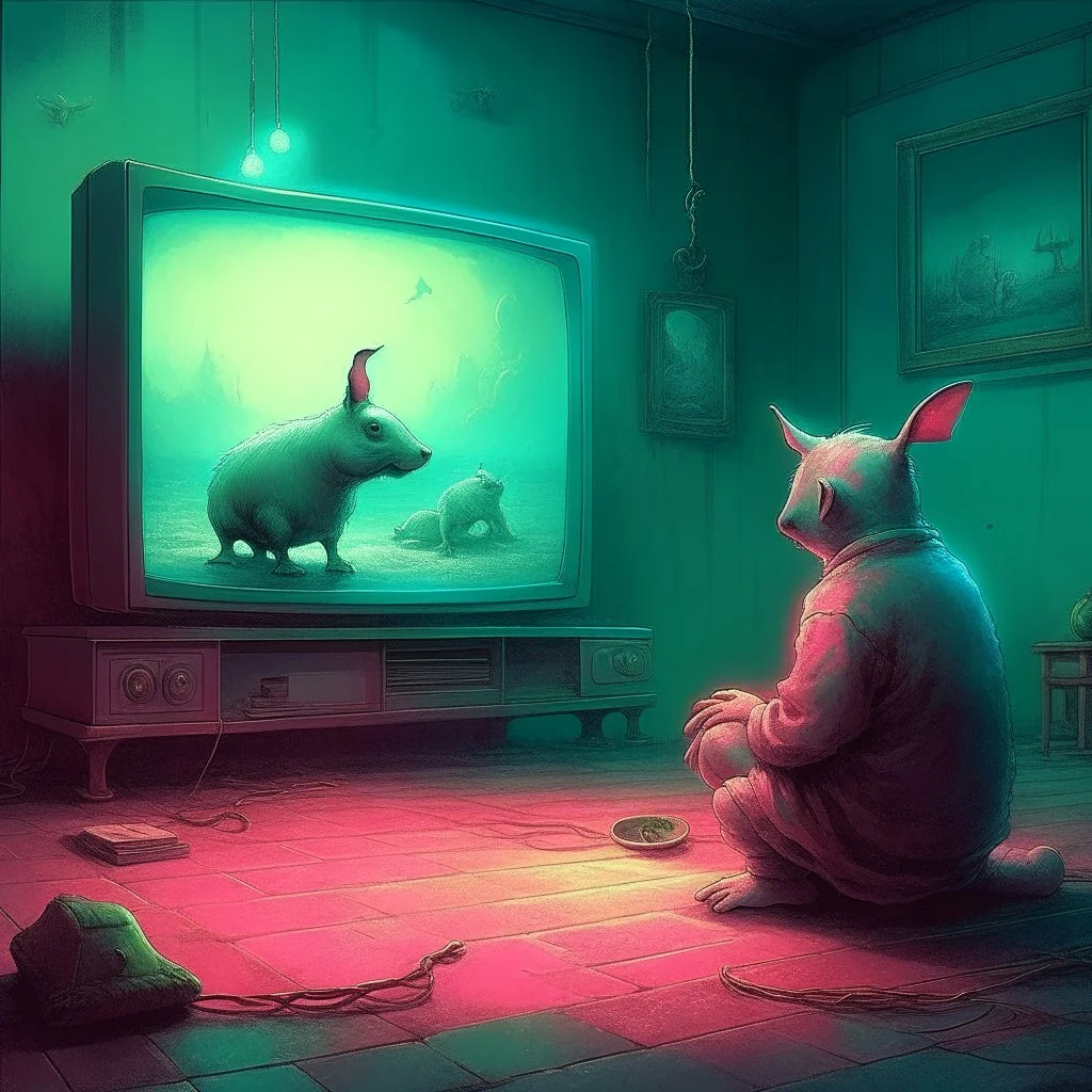 pig watching a tv about video game persona with a rabbit playing music beksinski style