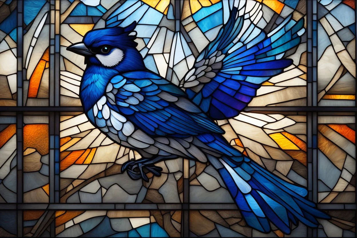 vitrail d'un geai bleu ailes déployées cyberpunk