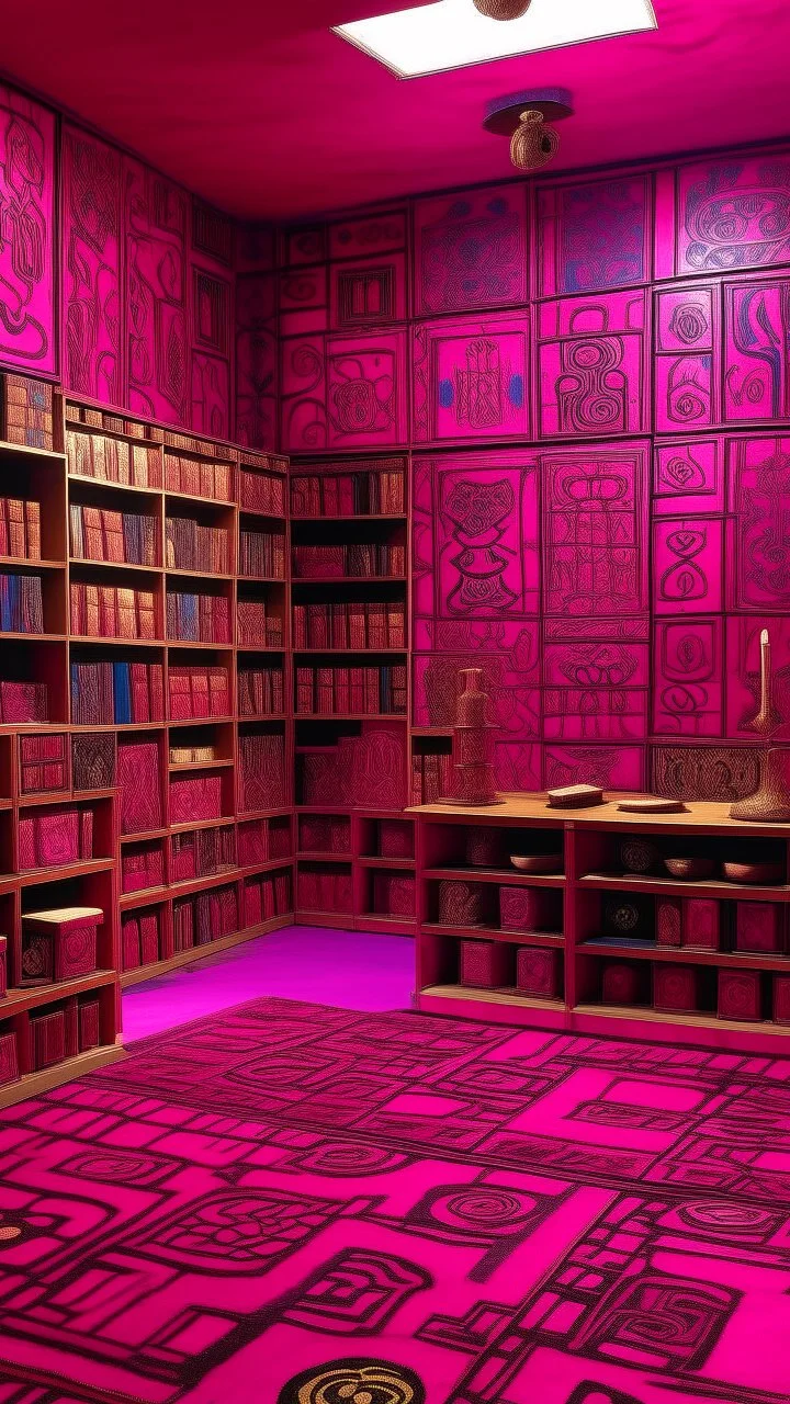 A purplish magenta library with arcane magic designed in Kuna molas painted by Paul Klee