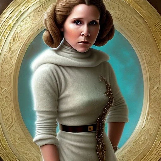 hyperspace background, complete and photo realistic detailed head to waist stunning photo realistic portrait of young carrie fisher as Princess Leia in star wars with photo realistic hairstyle by Mandy Jurgens and mucha and Richard Schmid and chuck close and chie yoshii, extraordinary and detailed ceremony dress of star wars,brown eyes