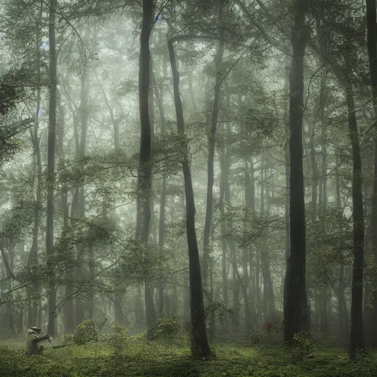 an old man is floating in the middle of the image in a misty forest in spring at sunrise with warm light rays, highly detailed, intricate, 8k, unreal engine, cinematic, vibrant, colorful, ultra high resolution