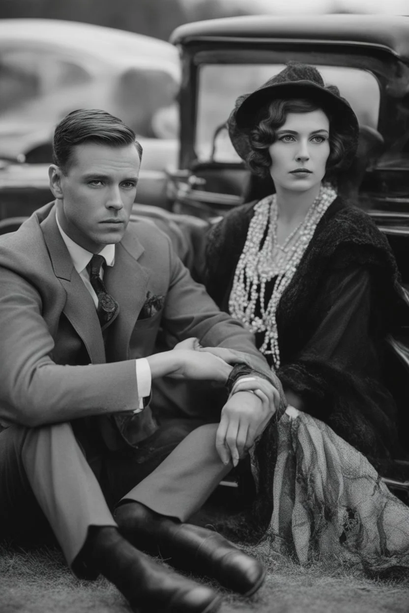 Up close Black and white photo of a serious couple sitting for portrait shoot in the 1920s