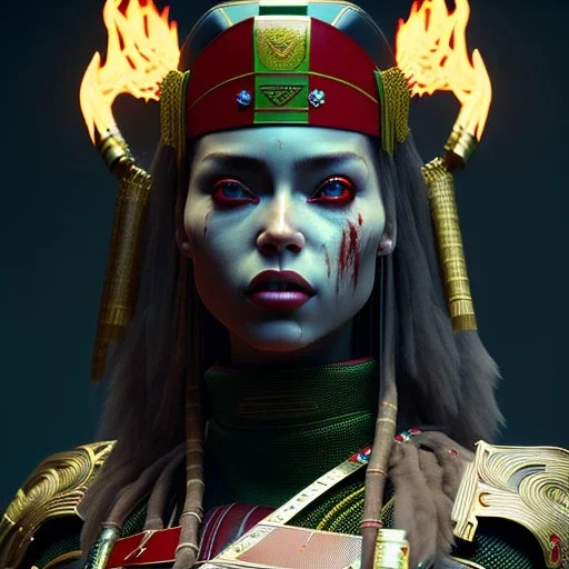 Latin woman, rounded face, blood, black, red, green, samurai helmet, decorative color feathers, retro, bamboo, leather, soft color, highly detailed, art stations, concept art, smooth, unreal engine 5, god rays, ray tracing, RTX, lumen lighting, ultra detail, volumetric lighting, 3d, finely drawn, high definition, high resolution.