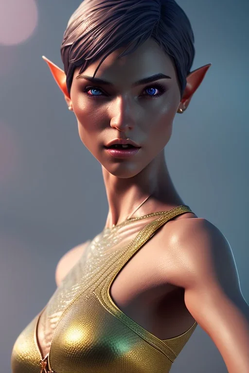 brunette elf, 8k, ultrarealistic, dynamic pose, complete body, LEGS!, triadic colors, intricately detailed, short hair, detailed hair, octane render, dynamic light, visible ultradetailed body