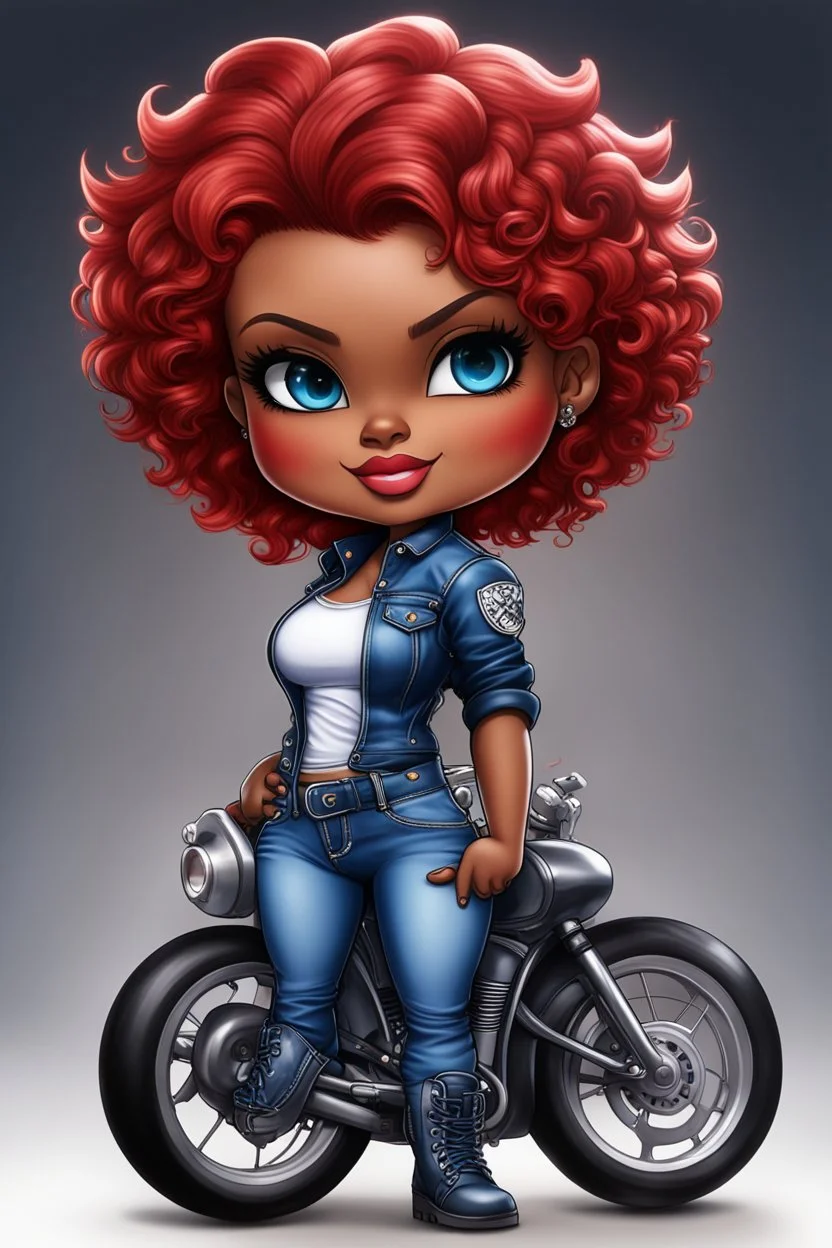 create an airbrush illustration of a chibi cartoon voluptuous black female wearing a blue jean outfit with biker boots. Prominent make up with hazel eyes. Extremely highly detail of a very low red pixie haircut. Background of a bike show.