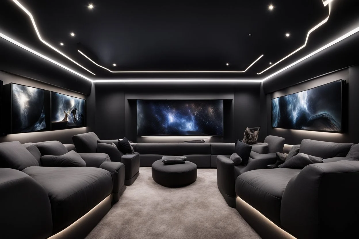 a black themed dedicated home cinema room with LED ambient lighting in the walls make sure the room is completely symmetrical