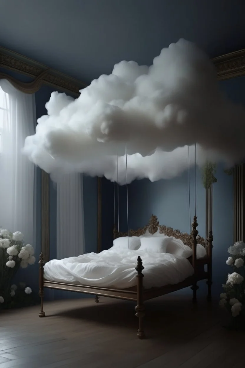 A bed made of clouds, tulle, organza, lanterns, ivy, flowers floats across the sky on a cloud ::above the bed there is a canopy made of long white tulle:: top view. The whole object is in the frame. a deep perspective. the panorama. ink drawing with a thin pen. In the style of Thomas Kincaid:: intricate, filigree. very pale pastel painting.