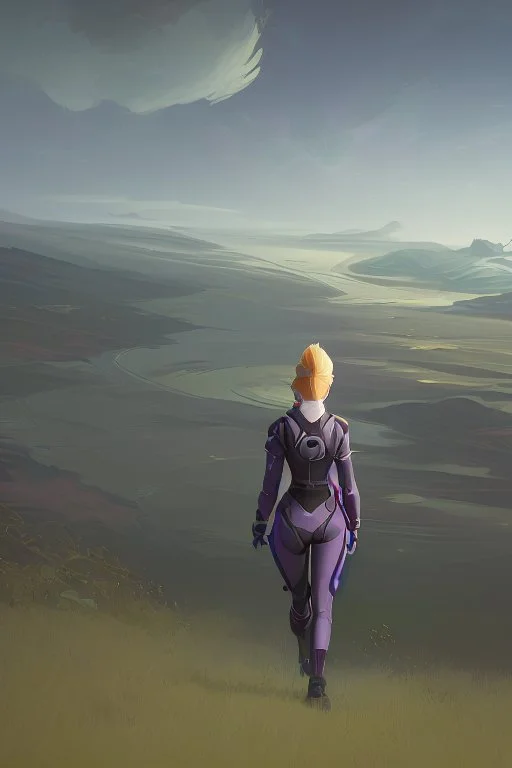 woman in a skin-tight spacesuit, with blond hair in a pigtail, walking towards a spaceship, back to the camera, on a path, wooded landscape in the distance, blue sky