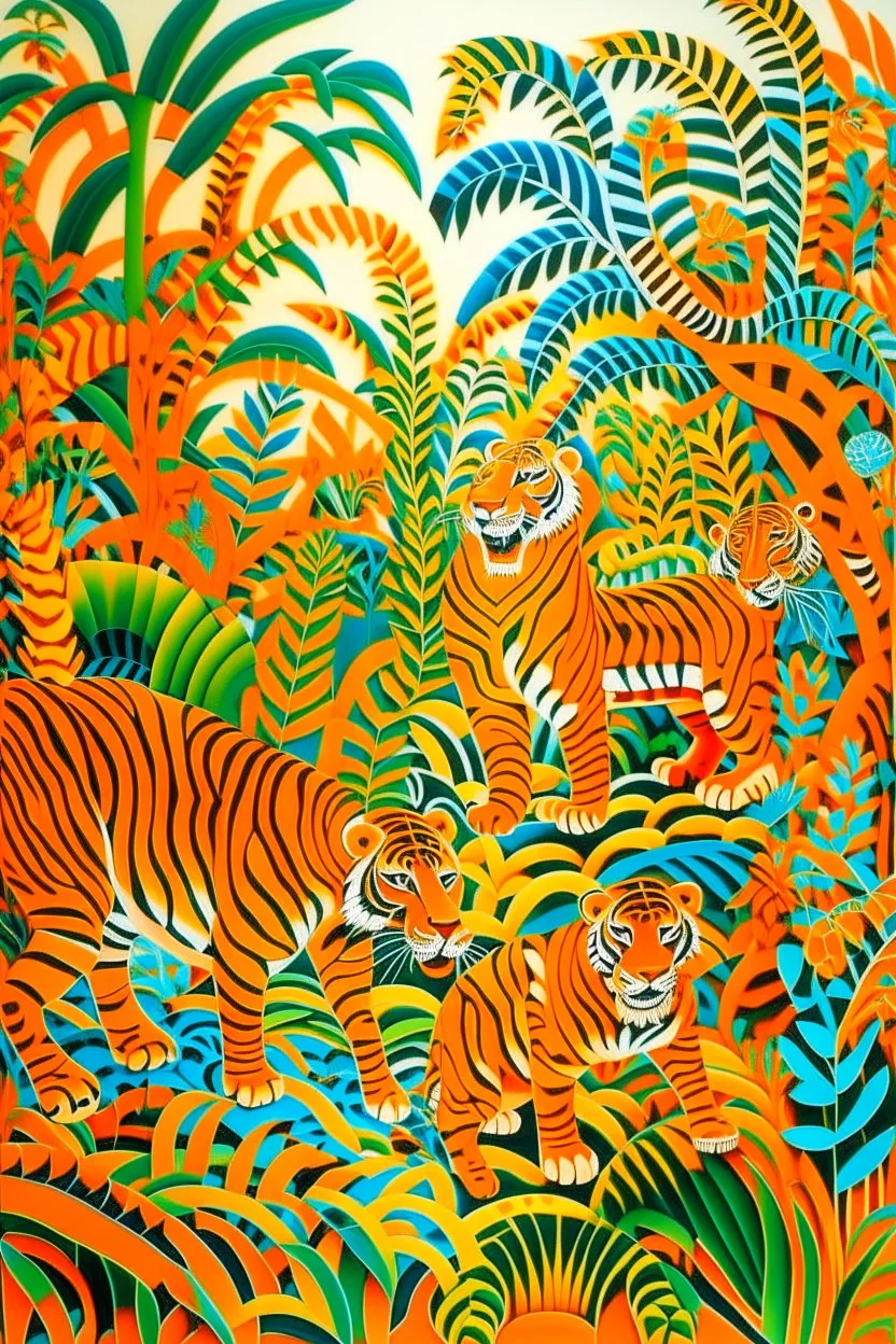 An orange colored mechanical jungle with devilish tigers designed in Navajo baskets painted by Henri Matisse