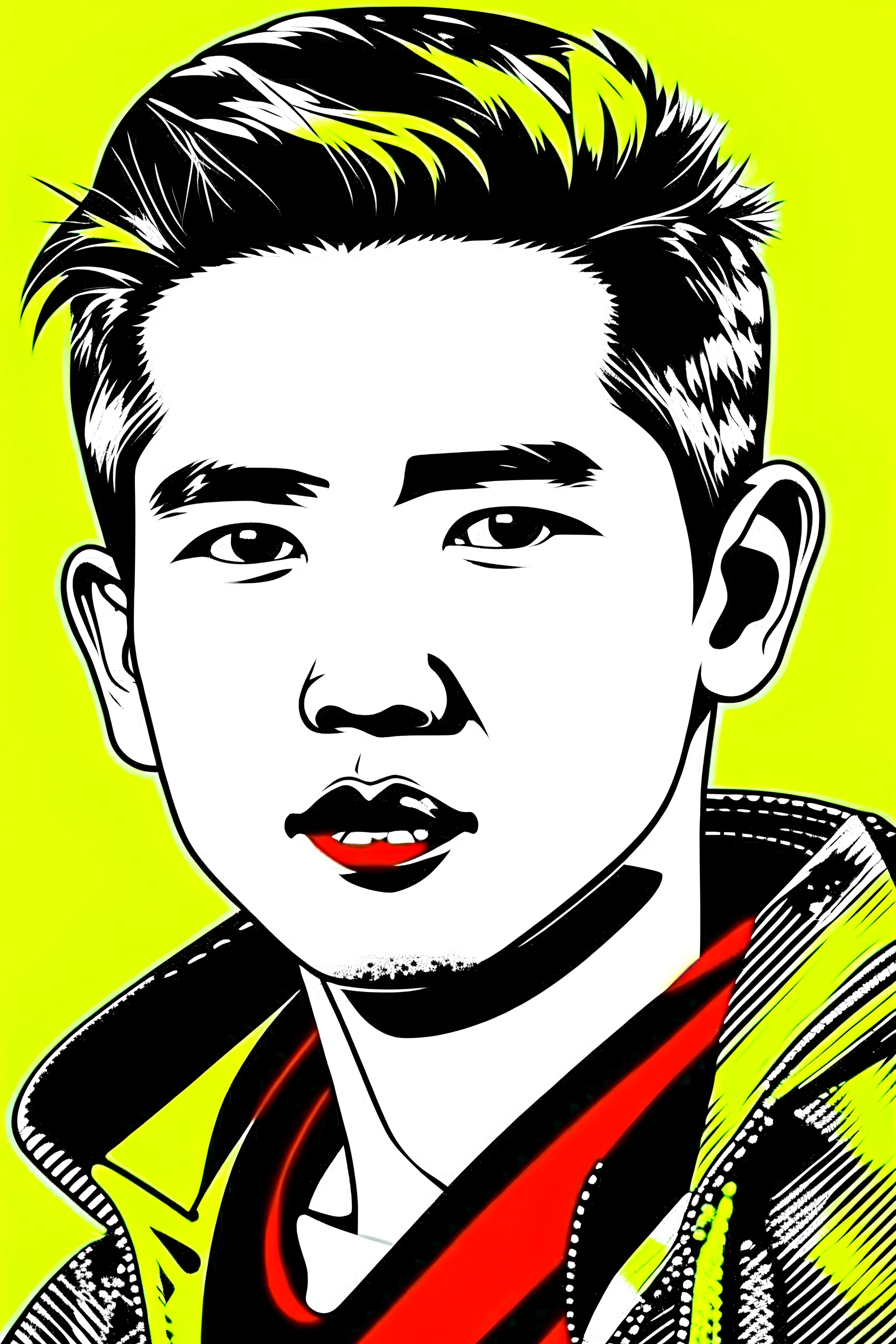 Dibujo de un hombre asiático cartoom arte pop, colores amarillo, blanco, rojo y negro