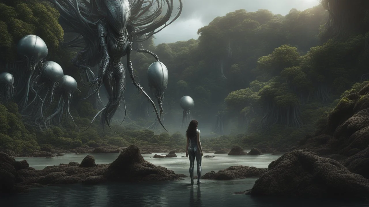 Wide-angle shot of a woman, standing on the right on an alien beach, with dark hair in a silver robotic catsuit, many floating aliens with long tentacles, alien jungle trees in the distance detailed matte painting, deep colour