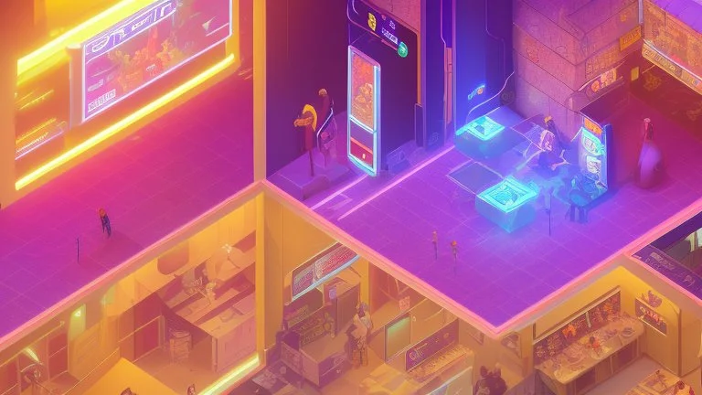 Isometric, cyberpunk, cafe, comic book art style, night time